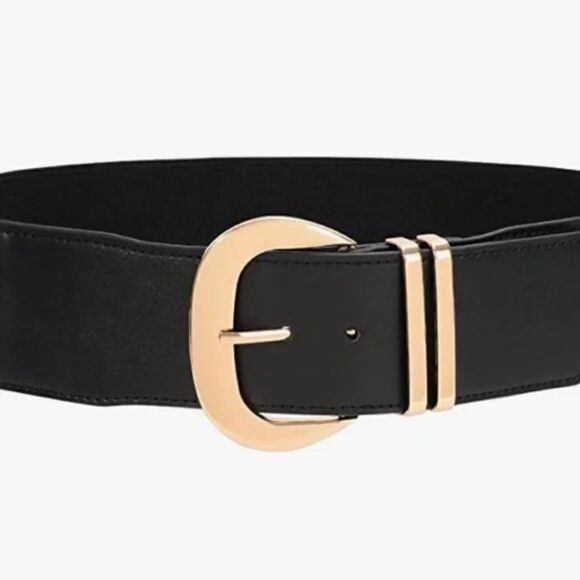 Women Wide Elastic Waist Belt for Dresses Fashion Gold Buckle Stretchy Leather - Picture 1 of 7